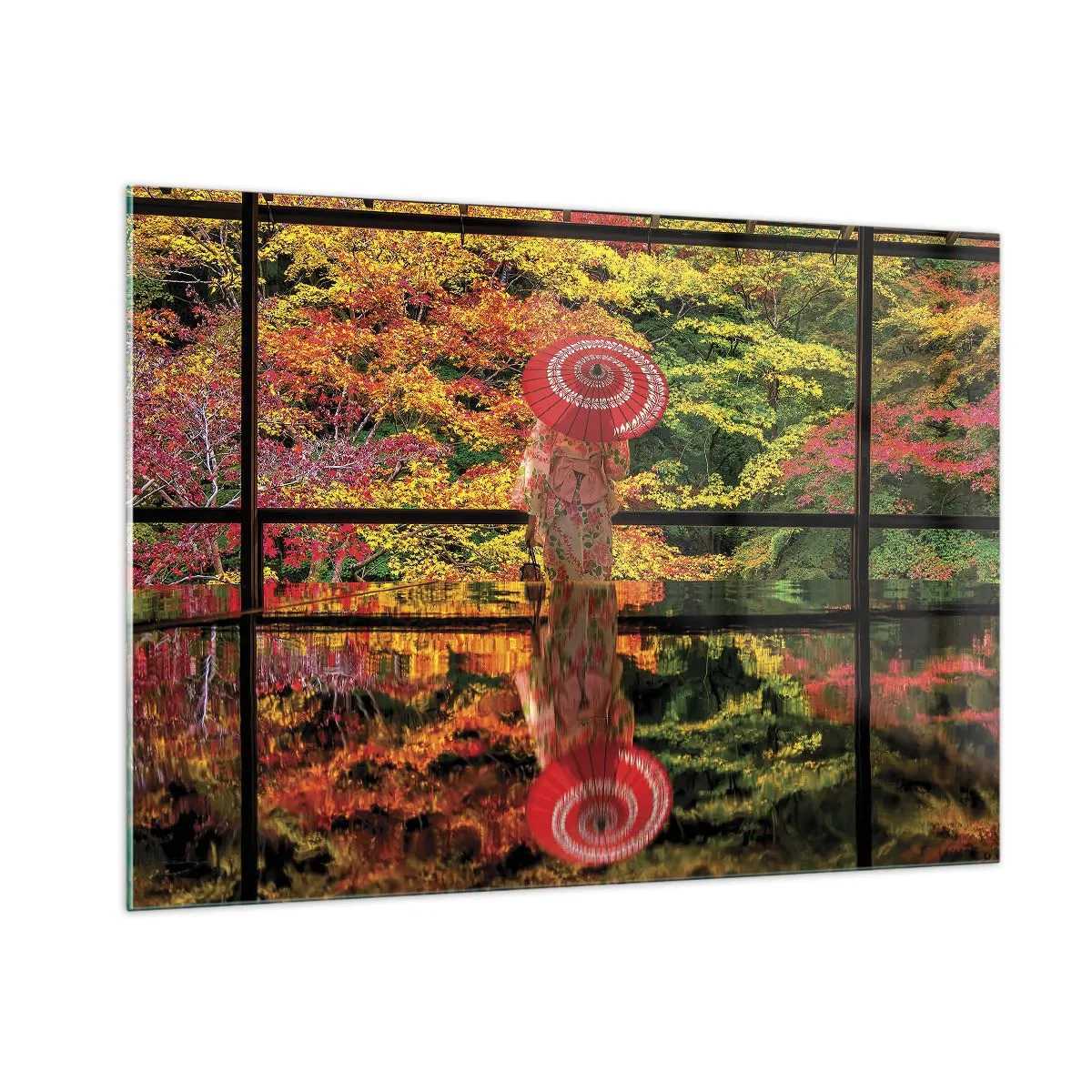 Glasbild - Bild auf glas - Eine Frau im Kimono mit Regenschirm vor einer Herbstlandschaft, die sich im Wasser spiegelt. - 100x70cm - Im Tempel der Natur - Moderne Wanddekoration für Wohnzimmer und Schlafzimmer ARTTOR