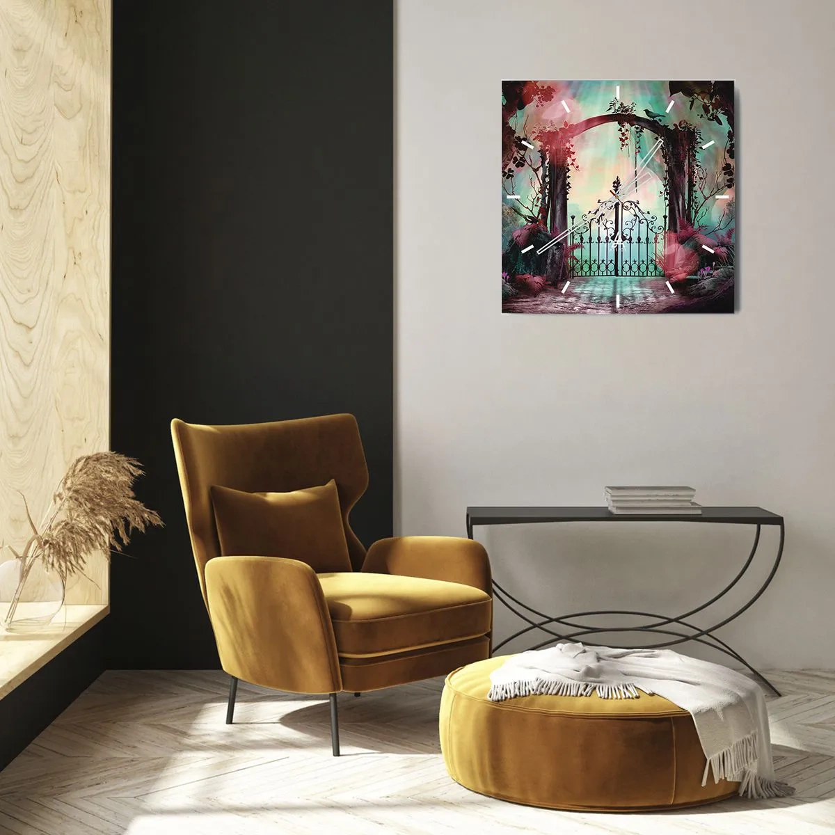 Wanduhr - Glasuhr - Ein magischer Eingang mit einem schmiedeeisernen Tor, umgeben von geheimnisvoller Vegetation - 30x30cm - Geheimer Garten - Moderne Wanddekoration für Wohnzimmer und Schlafzimmer ARTTOR