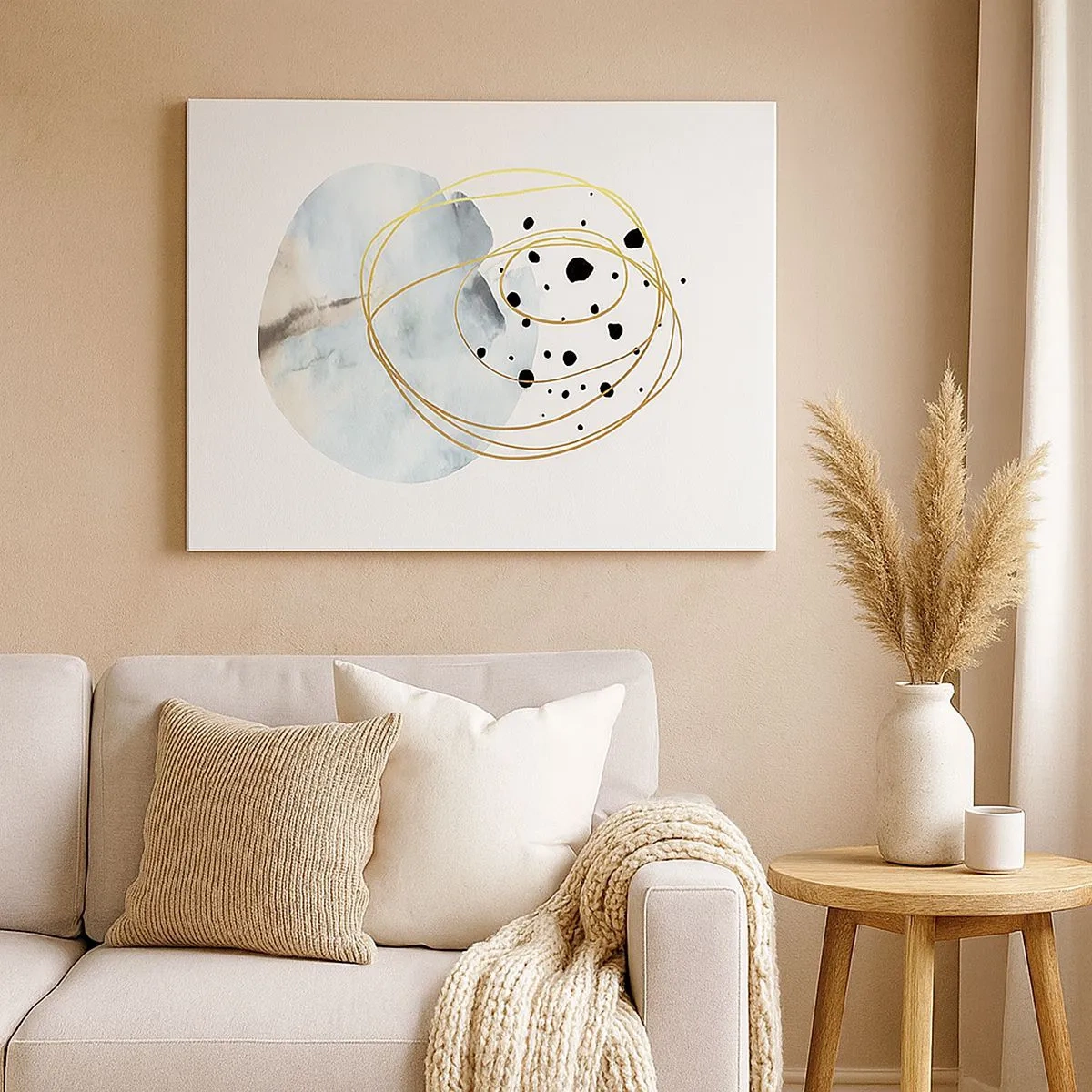 Bild auf Leinwand - Leinwandbild - Minimalistische Abstraktion mit geometrischem Muster und goldenen Linien - 70x50cm - Vom Weltraum umarmt - Moderne Wanddekoration für Wohnzimmer und Schlafzimmer ARTTOR