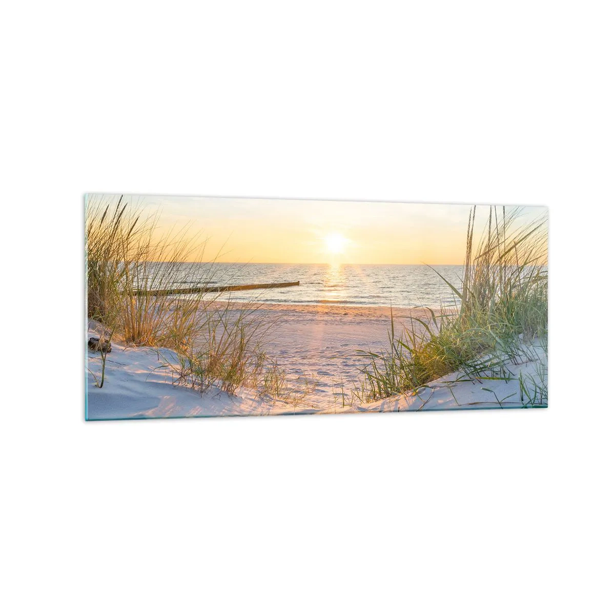 Glasbild - Bild auf glas - Ein Sandstrand mit Blick auf den Sonnenuntergang über dem Meer - 120x50cm - Das Rauschen des Meeres, der Gesang der Vögel, ein wilder Strand im Gras ... - Moderne Wanddekoration für Wohnzimmer und Schlafzimmer ARTTOR