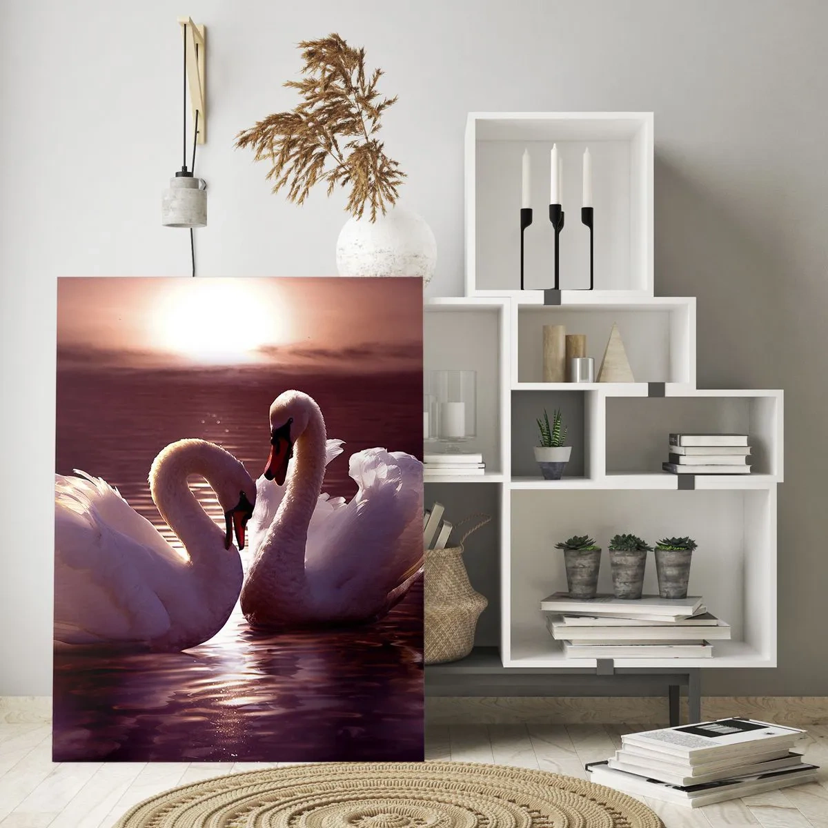 Glasbild - Bild auf glas - Zwei Schwäne auf dem Wasser im Licht der untergehenden Sonne - 50x70cm - Bis der Tod uns scheidet - Moderne Wanddekoration für Wohnzimmer und Schlafzimmer ARTTOR