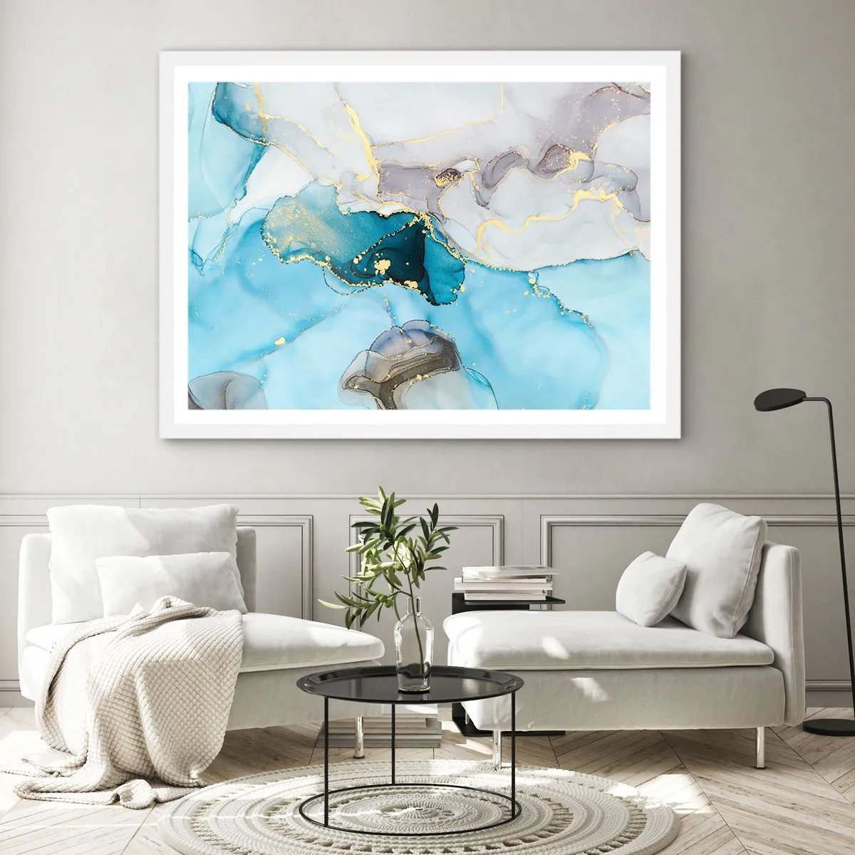 Poster in einem weißen Rahmen - Eine Studie über das Zusammentreffen von Grau und Türkis - 100x70 cm