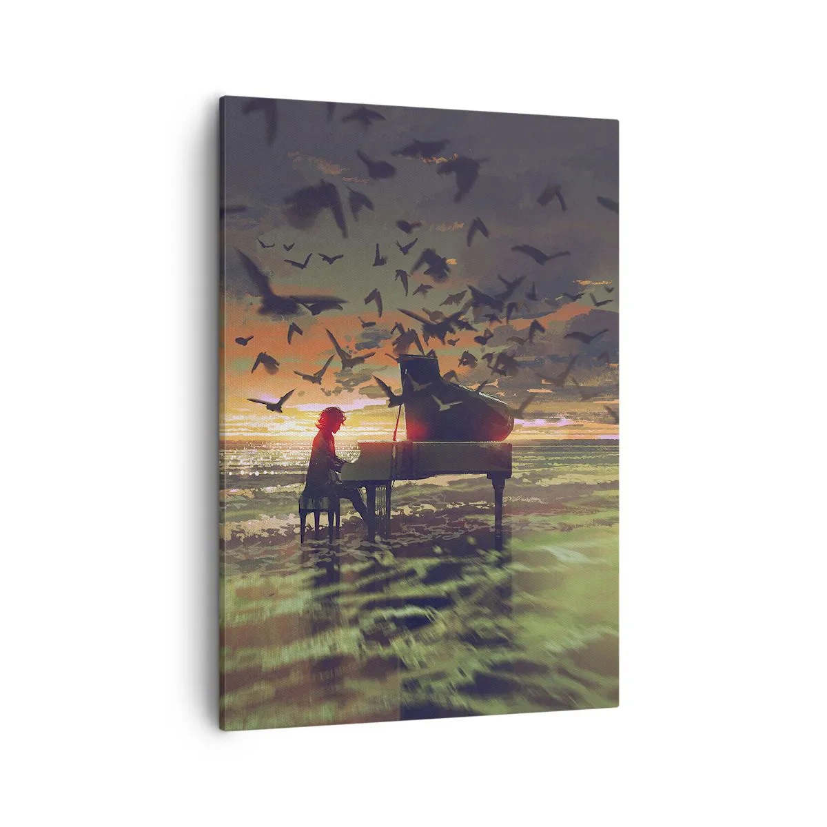 Bild auf Leinwand - Leinwandbild - Ein Klavier am Meeresufer bei Sonnenuntergang mit Vögeln - 50x70cm - Konzert für Klavier und Wellen - Moderne Wanddekoration für Wohnzimmer und Schlafzimmer ARTTOR