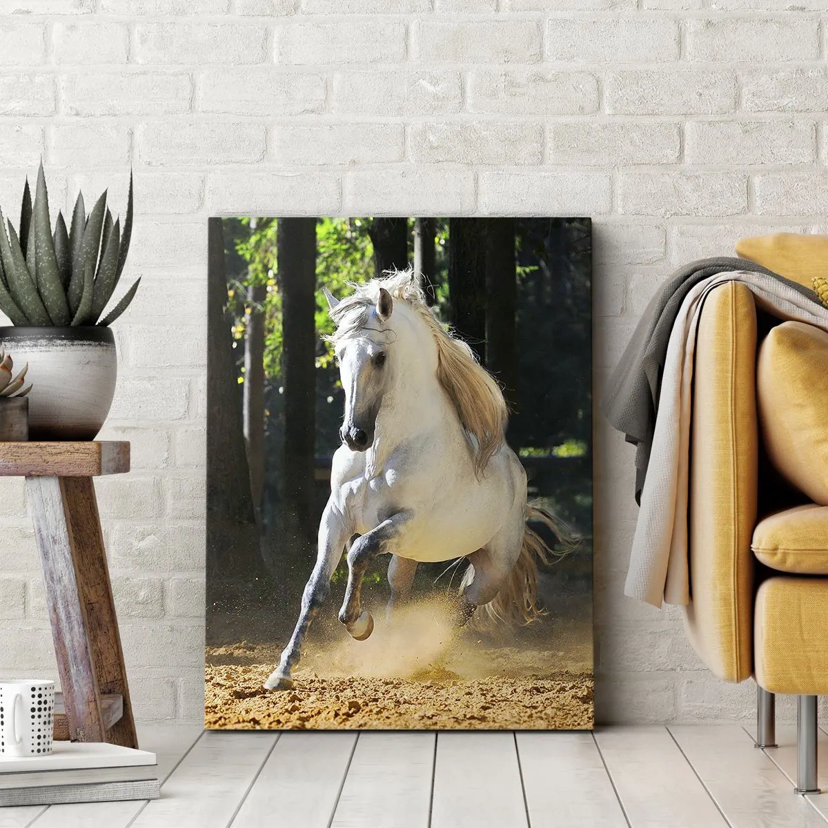 Bild auf Leinwand - Leinwandbild - Ein weißes Pferd galoppiert durch eine Waldlichtung - 80x120cm - Wie aus einem Fantasy-Roman - Moderne Wanddekoration für Wohnzimmer und Schlafzimmer ARTTOR