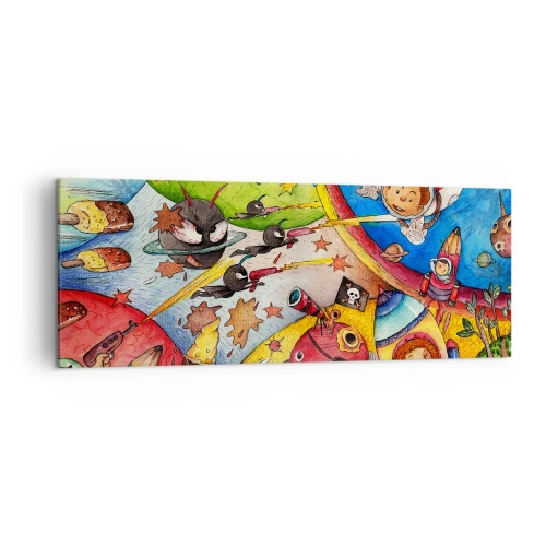 Bild auf Leinwand - Leinwandbild - Eine bunte Weltraumszene voller Kinder und Raumschiffe - 140x50cm - Tolles Weltraumabenteuer - Moderne Wanddekoration für Wohnzimmer und Schlafzimmer ARTTOR