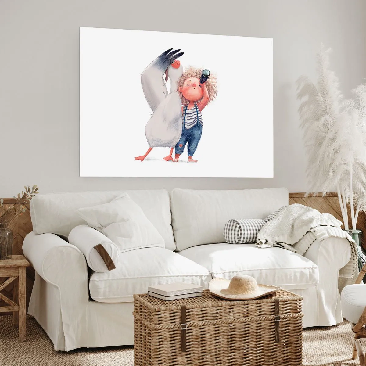 Poster - Illustration eines Kindes mit einem Pelikan und einem Teleskop in der Hand - 100x70cm - Toller Reiseplan - Moderne Wanddekoration für Wohnzimmer und Schlafzimmer ARTTOR
