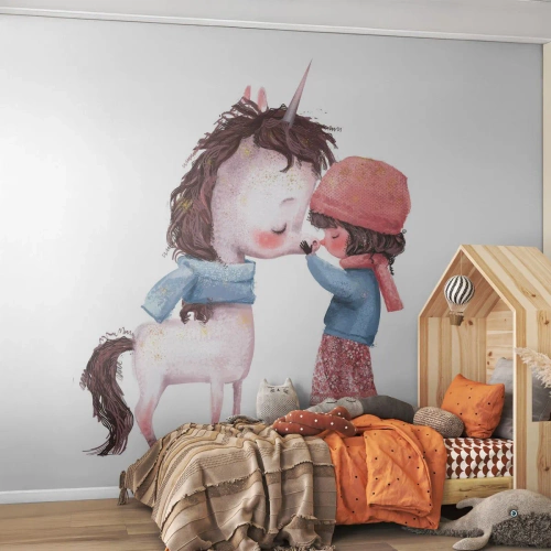 Fototapete Premium Sand - Ein Mädchen und ein Einhorn in warmer Kleidung in einer Märchenillustration - 100x70cm - Ein Wintermärchen - Moderne Wanddekoration für Wohnzimmer und Schlafzimmer ARTTOR