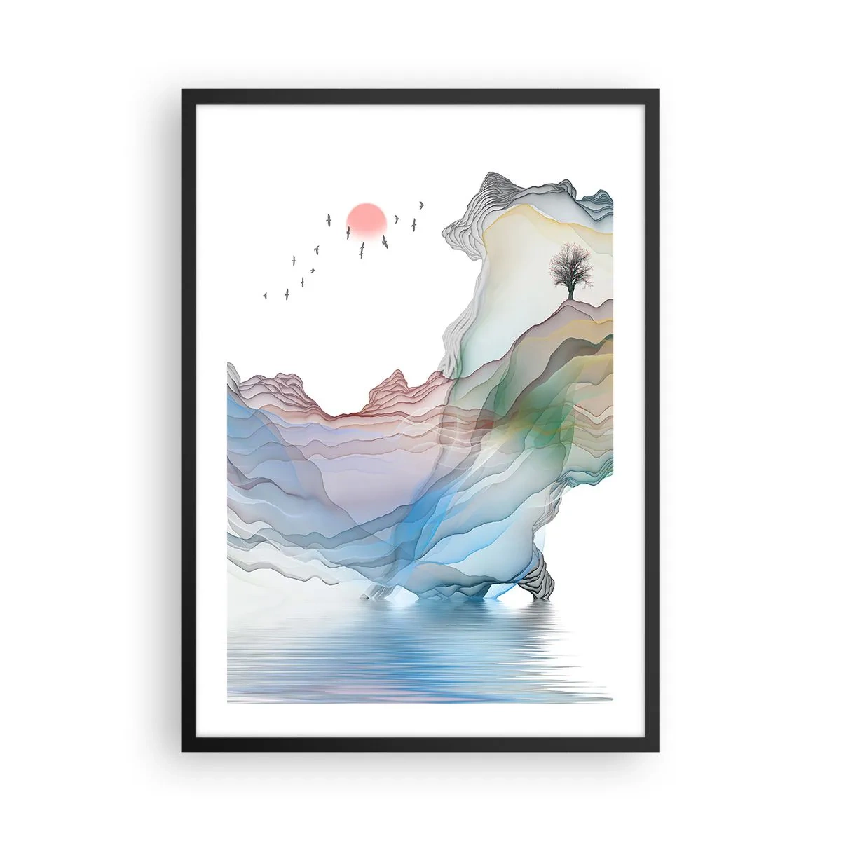 Poster in einem schwarzem Rahmen - Bunte, geschichtete Berge über einem ruhigen See mit einem Baum - 50x70cm - Zu den Kristallbergen - Moderne Wanddekoration für Wohnzimmer und Schlafzimmer ARTTOR