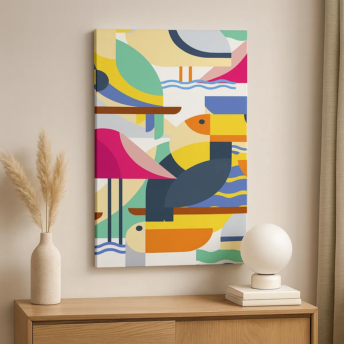 Bild auf Leinwand - Leinwandbild - Bunte Vögel in einer abstrakten, geometrischen Komposition - 50x70cm - Vogelparty - Moderne Wanddekoration für Wohnzimmer und Schlafzimmer ARTTOR