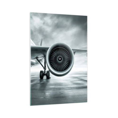 Glasbild - Bild auf glas - Das Düsentriebwerk eines Flugzeugs auf dem Rollfeld - 70x100cm - Die Macht ist da! - Moderne Wanddekoration für Wohnzimmer und Schlafzimmer ARTTOR