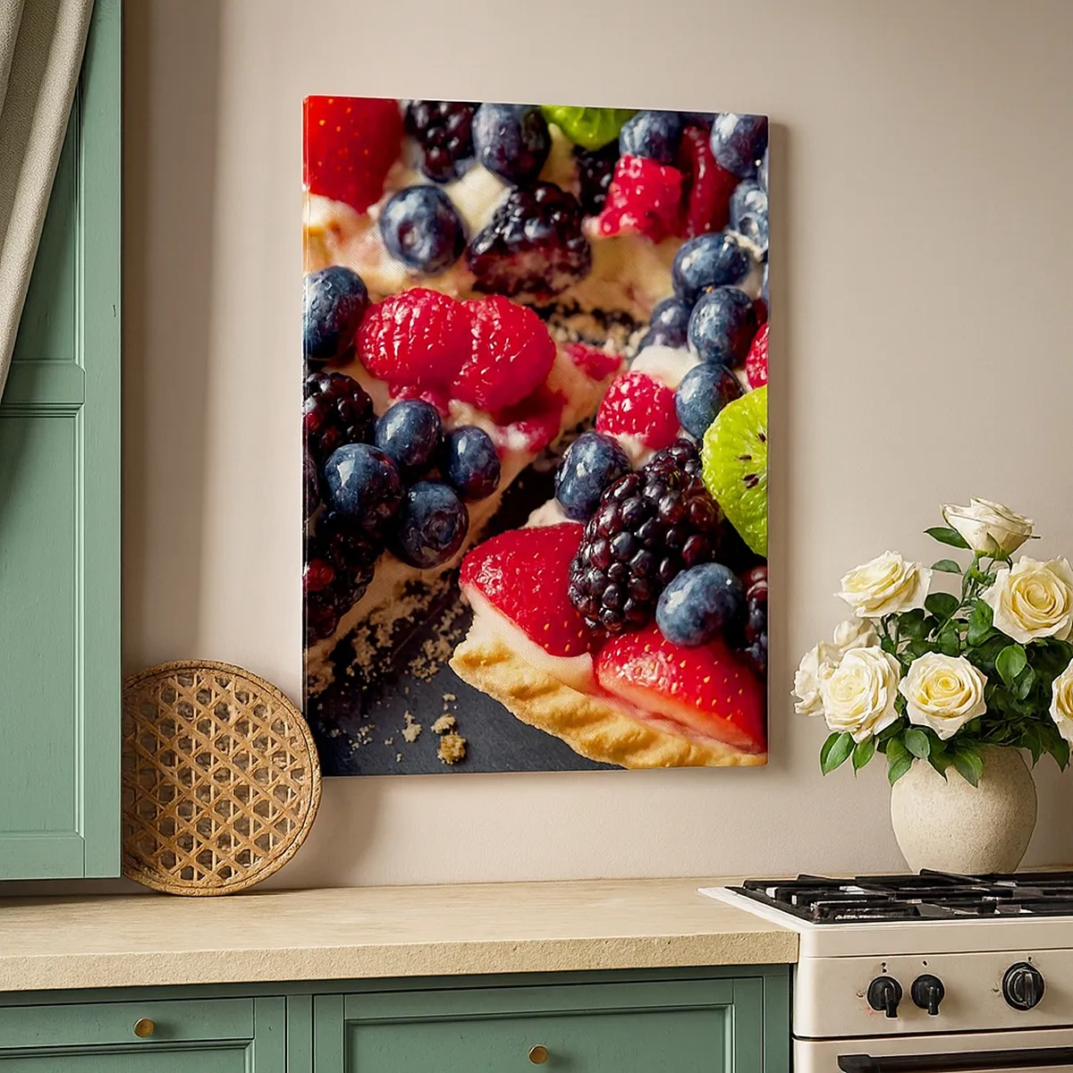 Bild auf Leinwand - Leinwandbild - Bunte Tarte mit Früchten und Sahne - 50x70cm - Dolce Vita! - Moderne Wanddekoration für Wohnzimmer und Schlafzimmer ARTTOR