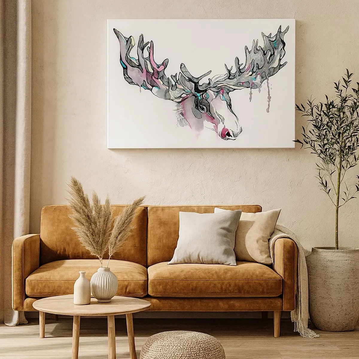 Bild auf Leinwand - Leinwandbild - Künstlerisches Aquarell eines Elches mit üppigem Geweih - 70x50cm - Krone des Waldkönigs - Moderne Wanddekoration für Wohnzimmer und Schlafzimmer ARTTOR