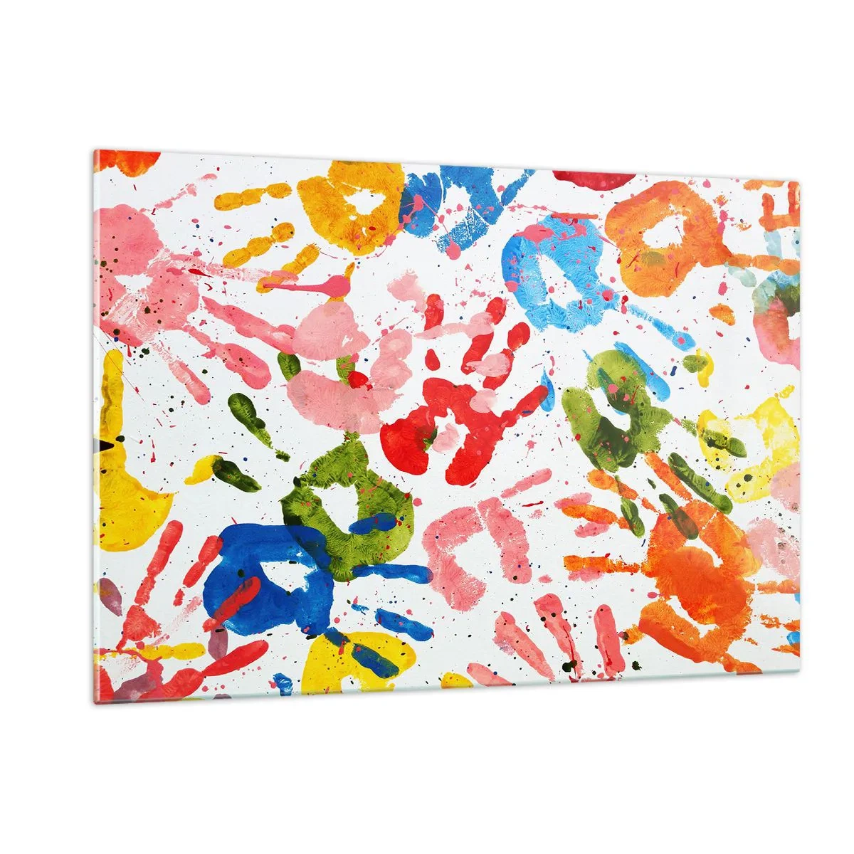 Glasbild - Bild auf glas - Bunte Handabdrücke auf weißem Hintergrund - 120x80cm - Folgen Sie den Spuren - Moderne Wanddekoration für Wohnzimmer und Schlafzimmer ARTTOR