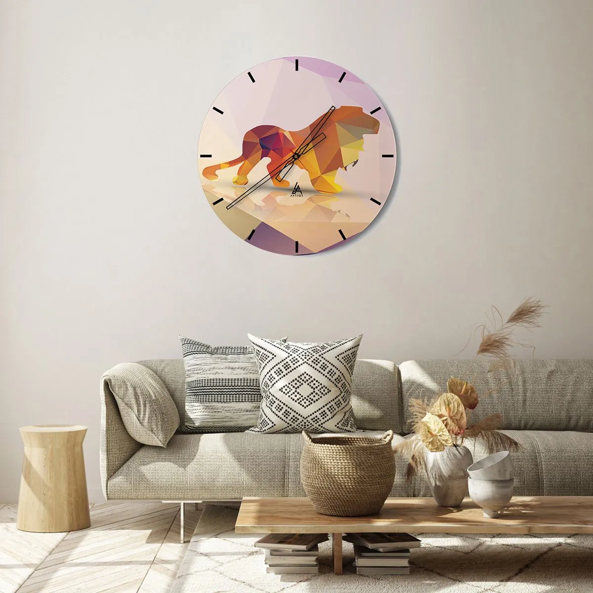 Wanduhr - Glasuhr - Geometrischer Löwe in Gelb- und Lilatönen - 30x30cm - Der Diamantenkönig - Moderne Wanddekoration für Wohnzimmer, Küche und Schlafzimmer ARTTOR