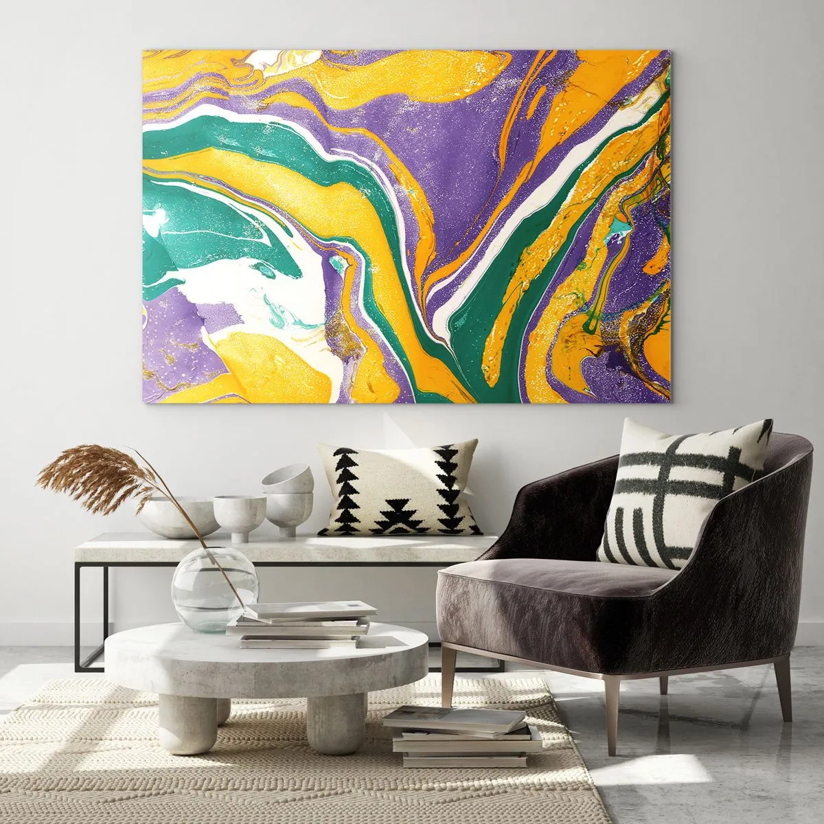 Glasbild - Bild auf glas - Abstraktes Wellenmuster in Gelb, Lila und Grün - 70x50cm - Farbwellen - Moderne Wanddekoration für Wohnzimmer und Schlafzimmer ARTTOR