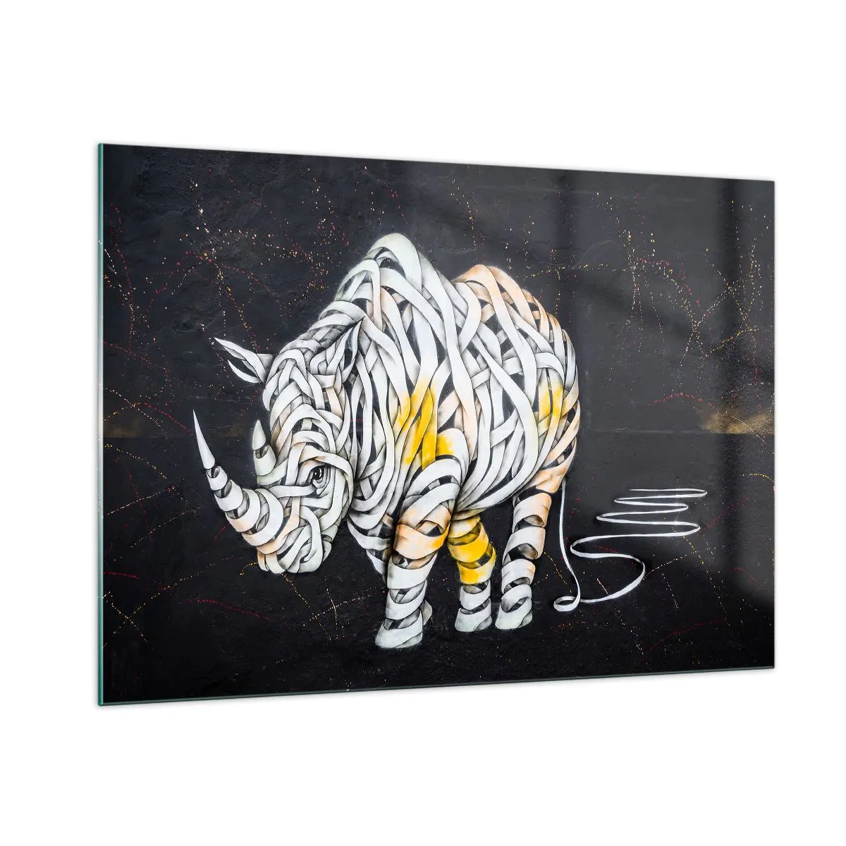 Glasbild - Bild auf glas - Abstrakte Zeichnung eines Nashorns in Form von Streifen - 100x70cm - Dicke Haut ist ein Mythos - Moderne Wanddekoration für Wohnzimmer und Schlafzimmer ARTTOR
