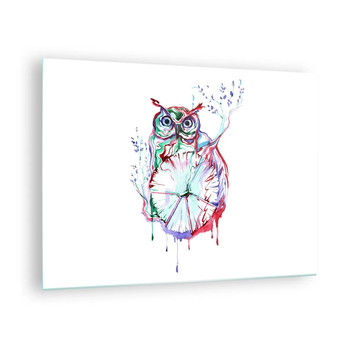 Glasbild - Bild auf glas - Abstrakte Eule in einer farbenfrohen Aquarellkomposition - 70x50cm - Von Natur aus klug - Moderne Wanddekoration für Wohnzimmer und Schlafzimmer ARTTOR