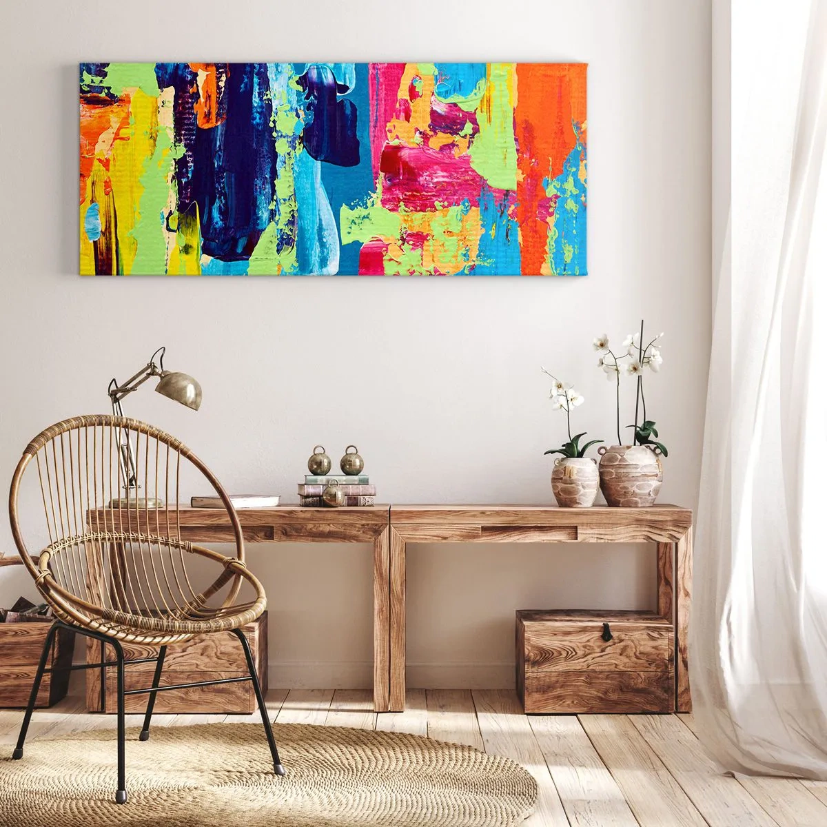 Bild auf Leinwand - Leinwandbild - Abstrakte Farbkomposition in dynamischer Form - 160x50cm - Das Leben ist wunderschoen! - Moderne Wanddekoration für Wohnzimmer und Schlafzimmer ARTTOR