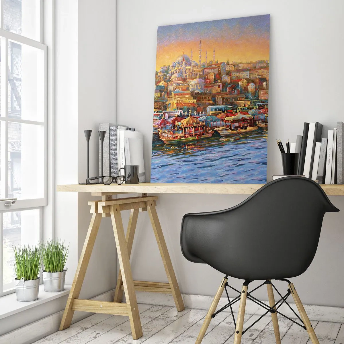 Glasbild - Bild auf glas - Ein farbenfroher Hafen mit Booten und einem Stadtpanorama bei Sonnenuntergang - 50x70cm - Istanbuler Geschichte - Moderne Wanddekoration für Wohnzimmer und Schlafzimmer ARTTOR
