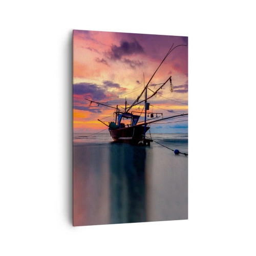 Bild auf Leinwand - Leinwandbild - Ein Fischerboot vor der Kulisse eines farbenfrohen Sonnenuntergangs - 80x120cm - Exotischer Abend - Moderne Wanddekoration für Wohnzimmer und Schlafzimmer ARTTOR