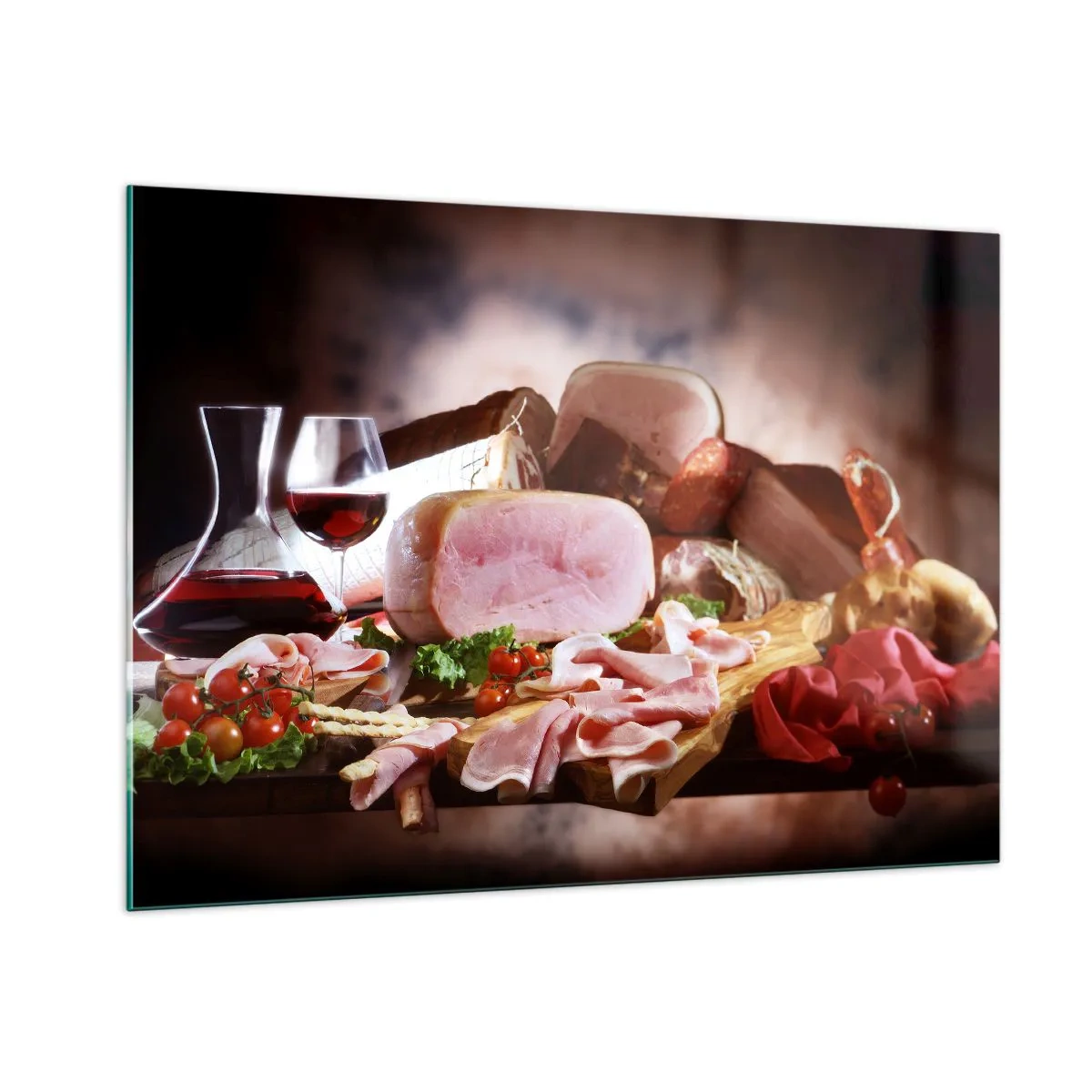 Glasbild - Bild auf glas - Küchentisch mit Aufschnitt, Wein und frischem Gemüse - 100x70cm - Ein kulinarischer Traum mit einer Karaffe - Moderne Wanddekoration für Wohnzimmer und Schlafzimmer ARTTOR