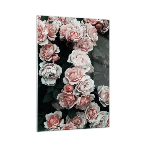 Glasbild - Bild auf glas - Eine Nahaufnahme eines Straußes rosa Rosen auf dunklem Hintergrund - 50x70cm - Rosen-Ensemble - Moderne Wanddekoration für Wohnzimmer und Schlafzimmer ARTTOR