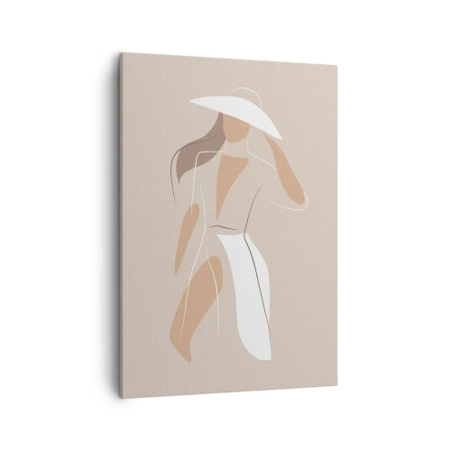 Bild auf Leinwand - Leinwandbild - Eine minimalistische Zeichnung einer Frau mit Hut auf beigem Hintergrund. - 50x70cm - Mode macht Spaß - Moderne Wanddekoration für Wohnzimmer und Schlafzimmer ARTTOR
