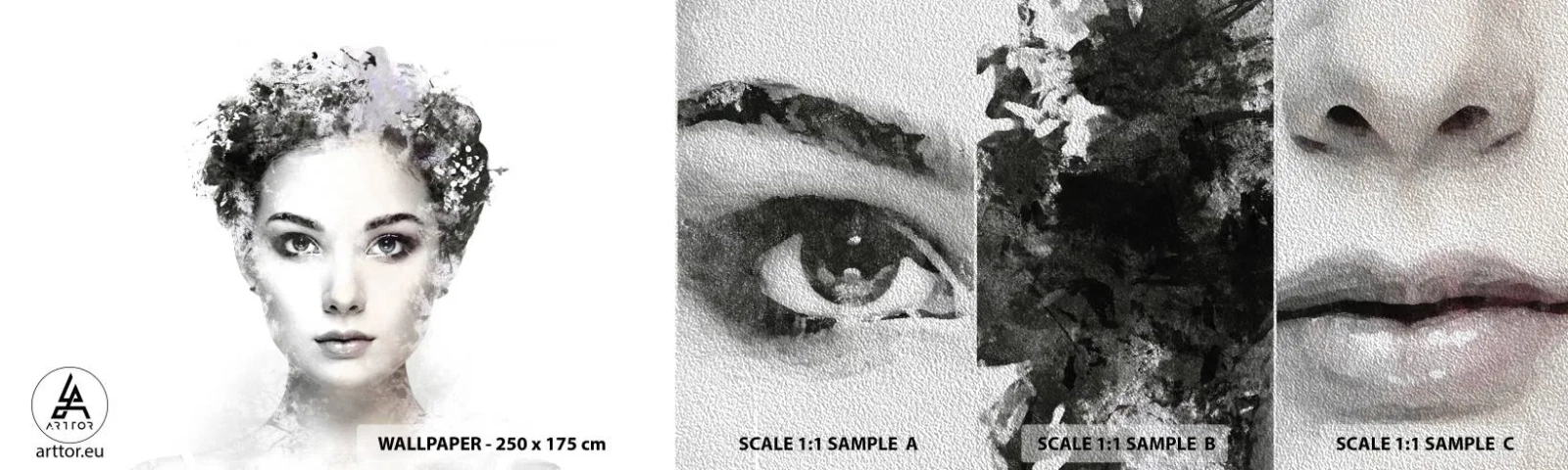 Fototapeten Muster Premium Sand - Ein äußerst stilvolles Portrait - Das Gesicht einer Frau, Frau, Abstraktion - 100x30 cm