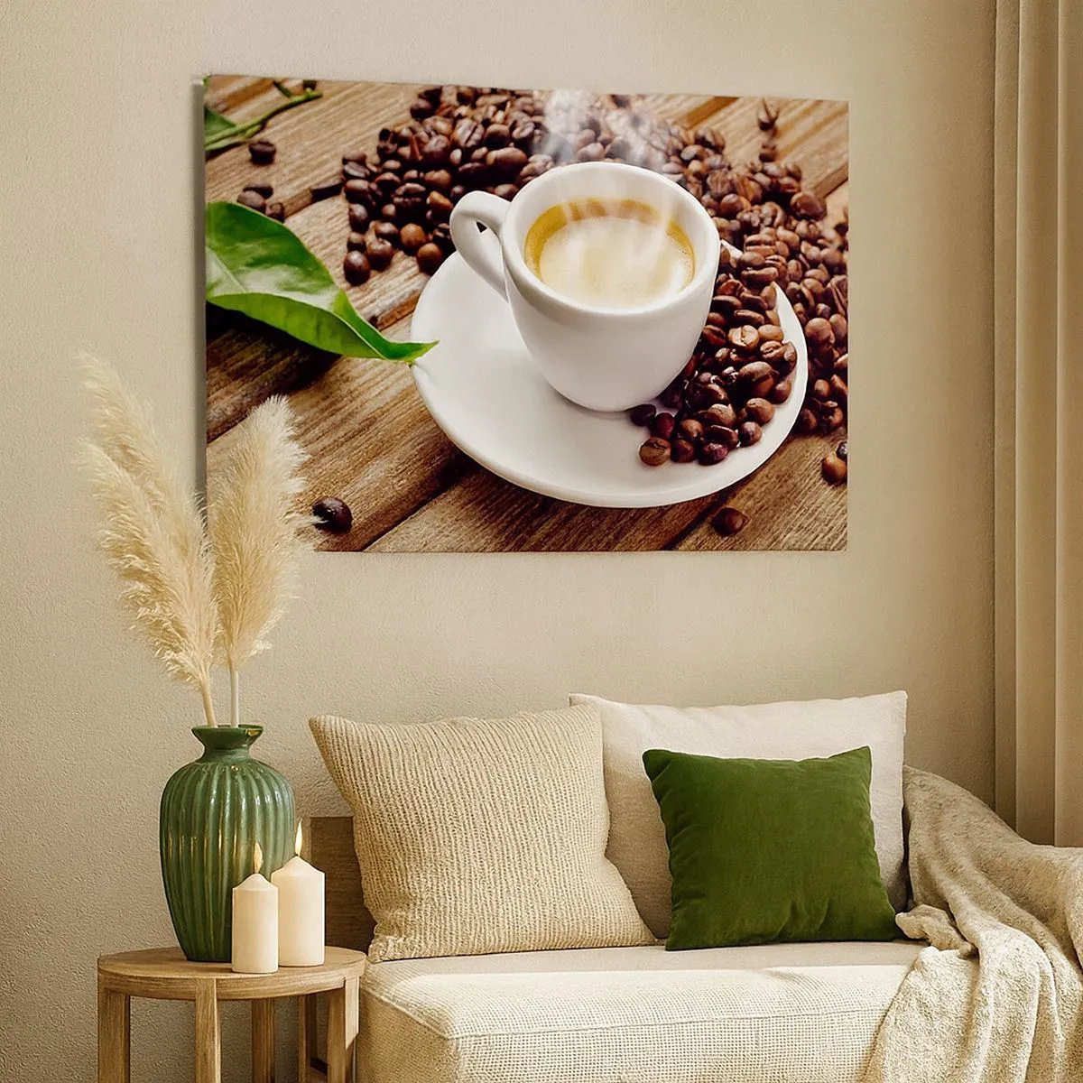 Bild auf Leinwand - Leinwandbild - Eine Tasse aromatischen Kaffee vor dem Hintergrund von Bohnen und einem Blatt - 70x50cm - Kaffee auf der Bank - Moderne Wanddekoration für Wohnzimmer und Schlafzimmer ARTTOR