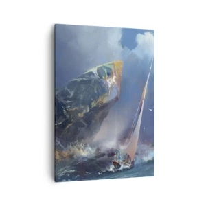 Bild auf Leinwand - Leinwandbild - Ein Segelboot im Sturm am Fuße eines massiven Felsens - 50x70cm - Wer den Mut hat, gewinnt - Moderne Wanddekoration für Wohnzimmer und Schlafzimmer ARTTOR