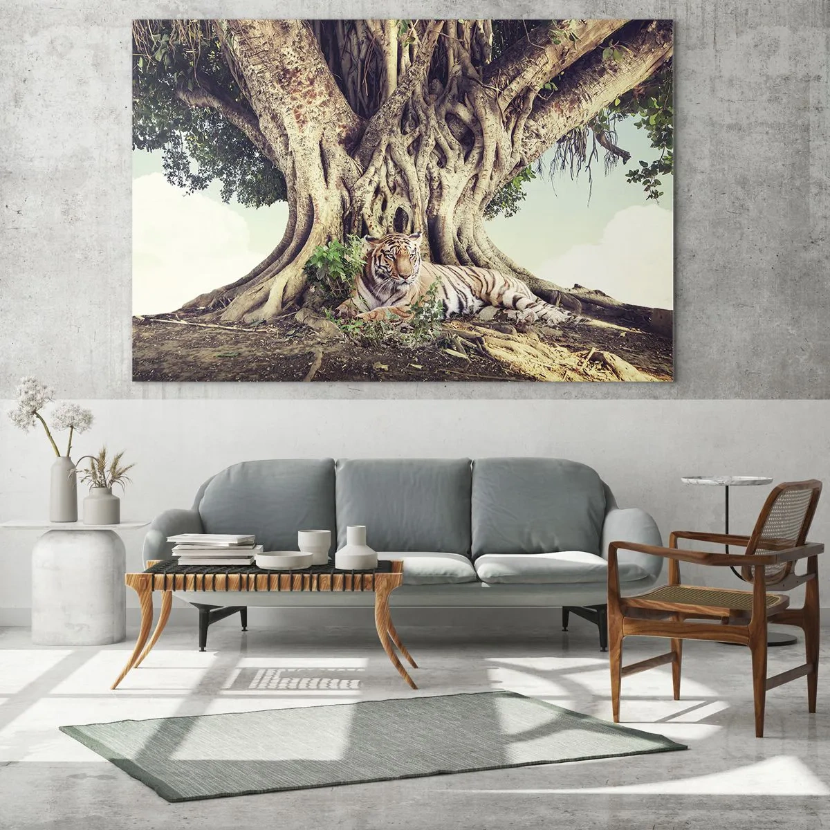 Glasbild - Bild auf glas - Ein Tiger liegt unter einem ausladenden Baum im Dschungel - 70x50cm - Blick aus dem Buch Genesis - Moderne Wanddekoration für Wohnzimmer und Schlafzimmer ARTTOR