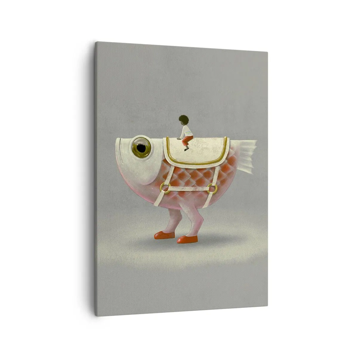 Bild auf Leinwand - Leinwandbild - Ein schicker Fischreiter mit Beinen und Sattel - 50x70cm - Reiter auf einem surrealen Fisch - Moderne Wanddekoration für Wohnzimmer und Schlafzimmer ARTTOR