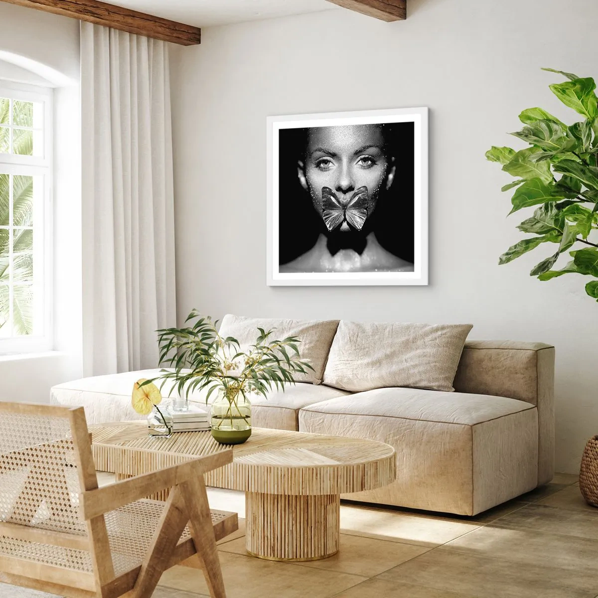 Poster in einem weißen Rahmen - Schmetterlingskuss - 60x60 cm