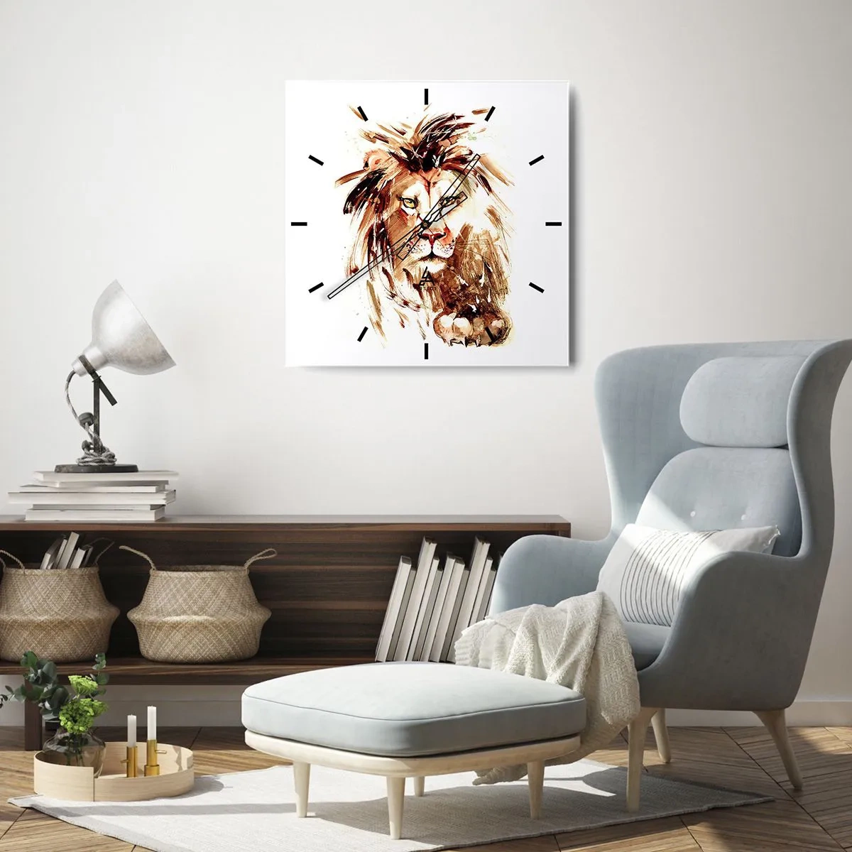 Wanduhr - Glasuhr - Aquarellporträt eines Löwen mit intensiven Details - 30x30cm - Stärke und Würde - Moderne Wanddekoration für Wohnzimmer und Schlafzimmer ARTTOR