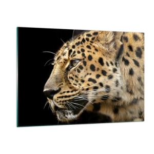 Glasbild - Bild auf glas - Profil eines Leoparden auf schwarzem Hintergrund - 120x80cm - Ruhig, fokussiert, bereit - Moderne Wanddekoration für Wohnzimmer und Schlafzimmer ARTTOR