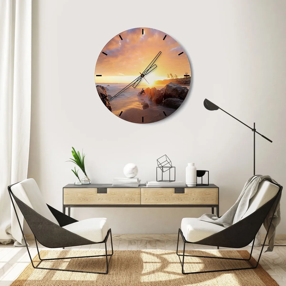 Wanduhr - Glasuhr - Sonnenuntergang über dem Meer mit Steinen und warmem Licht - 30x30cm - Leuchtende Brise des Abends - Moderne Wanddekoration für Wohnzimmer, Küche und Schlafzimmer ARTTOR