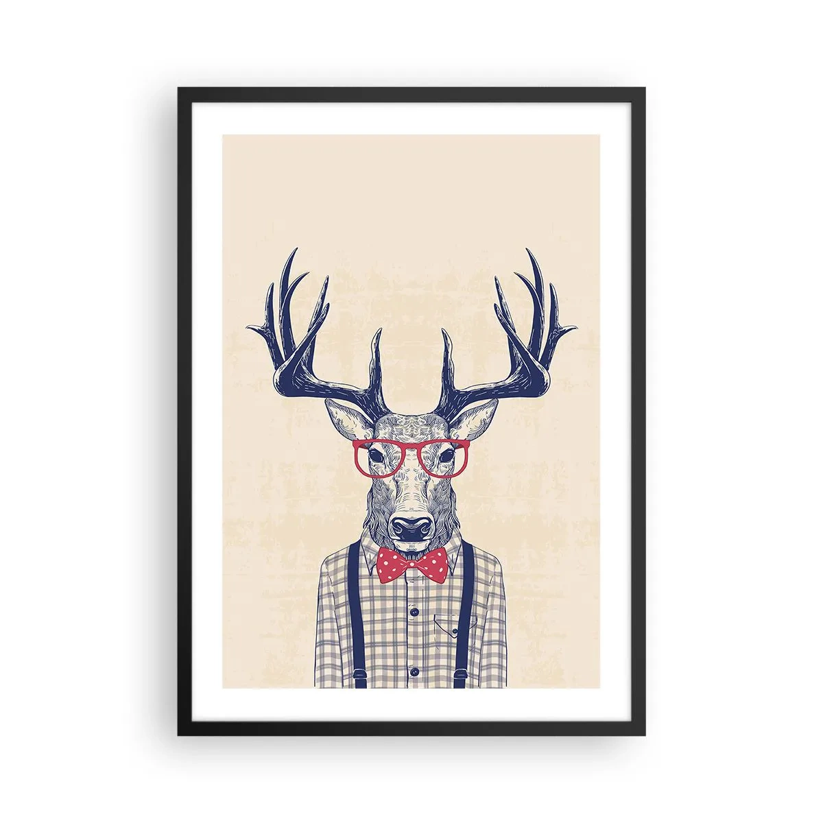 Poster in einem schwarzem Rahmen - Stilvoller Hirsch mit Brille und Fliege auf beigem Hintergrund - 50x70cm - Eine lustige Extravaganz - Moderne Wanddekoration für Wohnzimmer und Schlafzimmer ARTTOR
