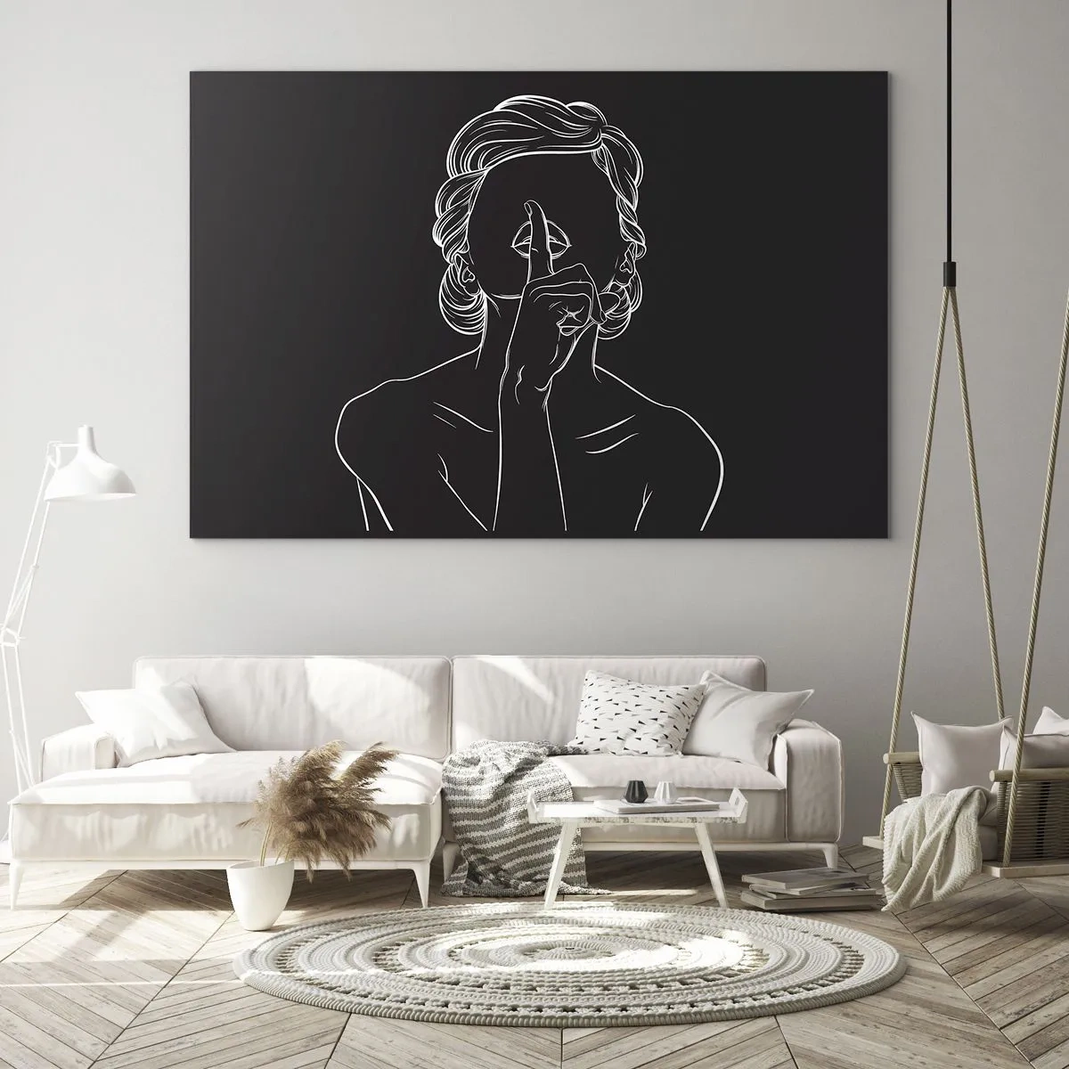 Glasbild - Bild auf glas - Eine minimalistische Silhouette einer Frau, die eine Geste des Schweigens macht. - 70x50cm - Schönheit erblüht in der Stille - Moderne Wanddekoration für Wohnzimmer und Schlafzimmer ARTTOR
