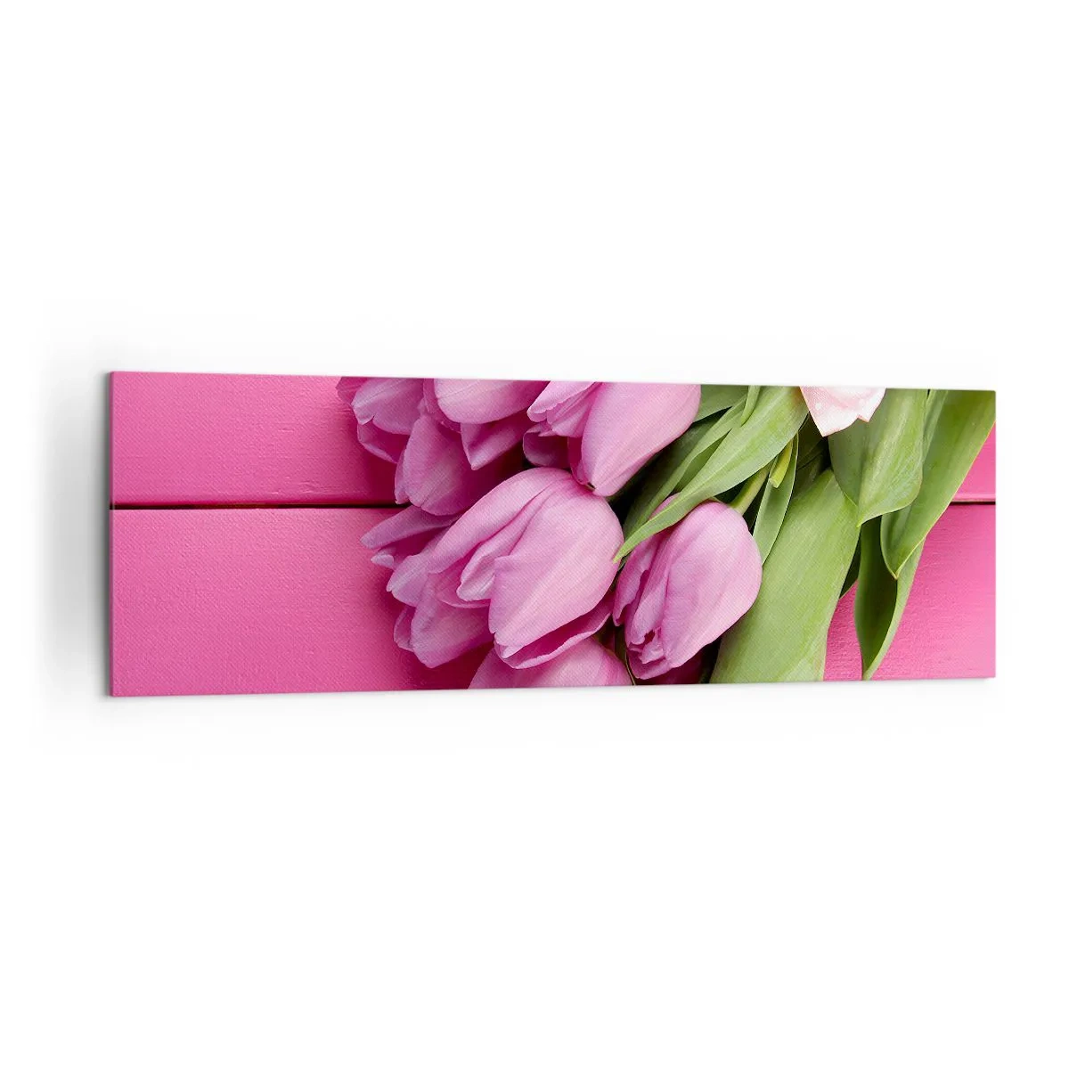 Bild auf Leinwand - Leinwandbild - Ein Strauß rosa Tulpen mit Schleife auf rosa Hintergrund - 160x50cm - Nur für dich - Moderne Wanddekoration für Wohnzimmer und Schlafzimmer ARTTOR