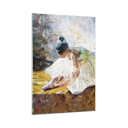 Glasbild - Bild auf glas - Eine nach vorne gebeugte Ballerina in einem weißen Kleid, das mit einer Öltextur bemalt ist - 50x70cm - Aus einem Gemälde von Degas - Moderne Wanddekoration für Wohnzimmer und Schlafzimmer ARTTOR