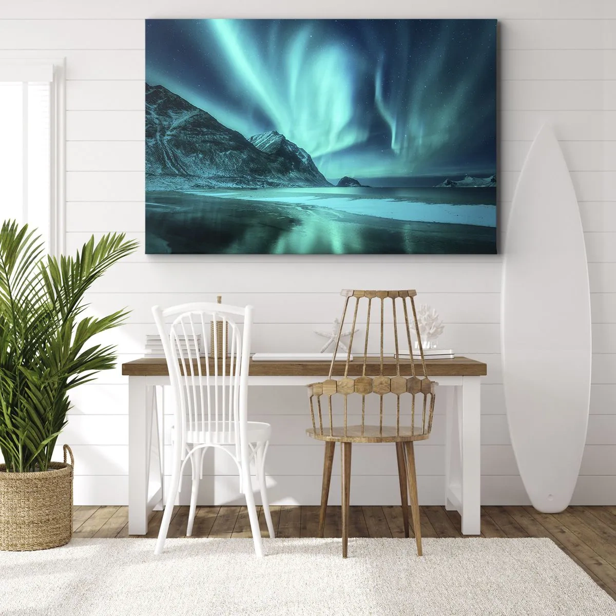 Bild auf Leinwand - Leinwandbild - Aurora Borealis über einer bergigen Winterlandschaft - 70x50cm - Wunder des Nordens - Moderne Wanddekoration für Wohnzimmer und Schlafzimmer ARTTOR
