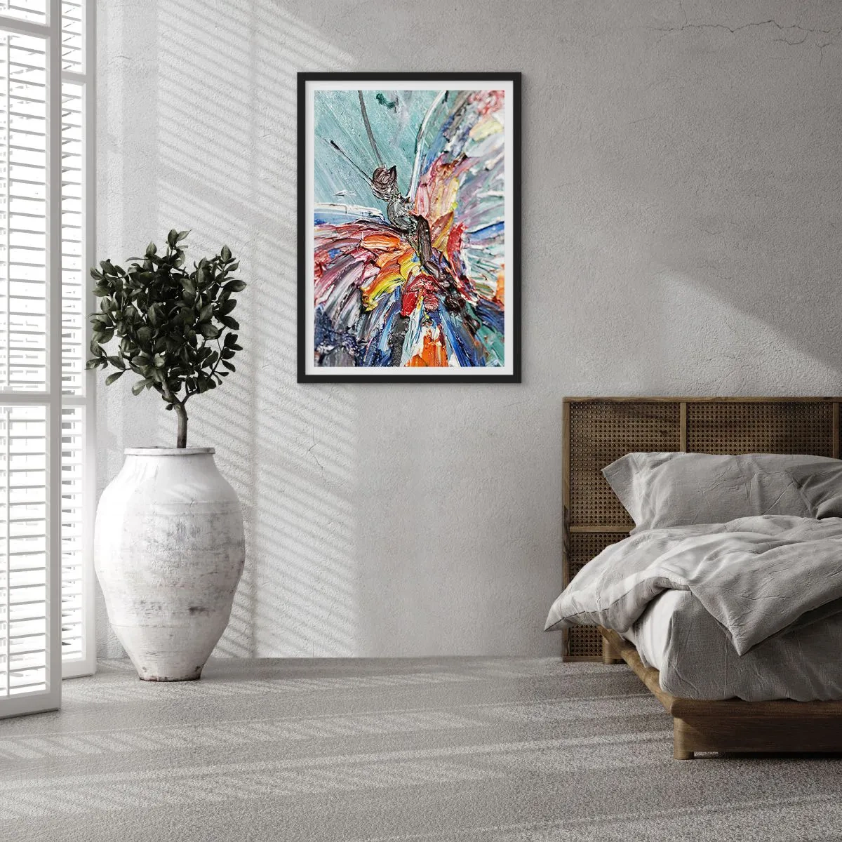 Poster in einem schwarzem Rahmen - Ein abstrakter Schmetterling in intensiven Farben und Texturen. - 50x70cm - Von der Natur gemalt - Moderne Wanddekoration für Wohnzimmer und Schlafzimmer ARTTOR