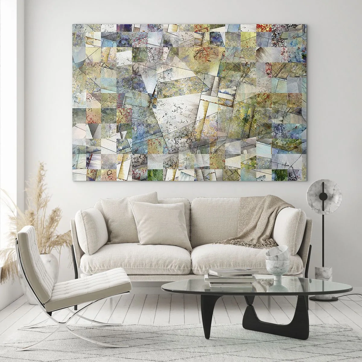 Glasbild - Bild auf glas - Eine farbenfrohe Komposition aus fragmentierten geometrischen Formen - 70x50cm - Geometrische Mischung - Moderne Wanddekoration für Wohnzimmer und Schlafzimmer ARTTOR