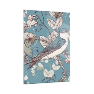 Glasbild - Bild auf glas - Ein Vogel auf einem Ast zwischen Blumen auf türkisfarbenem Hintergrund - 50x70cm - Im Weißholz von Rot und Silber - Moderne Wanddekoration für Wohnzimmer und Schlafzimmer ARTTOR