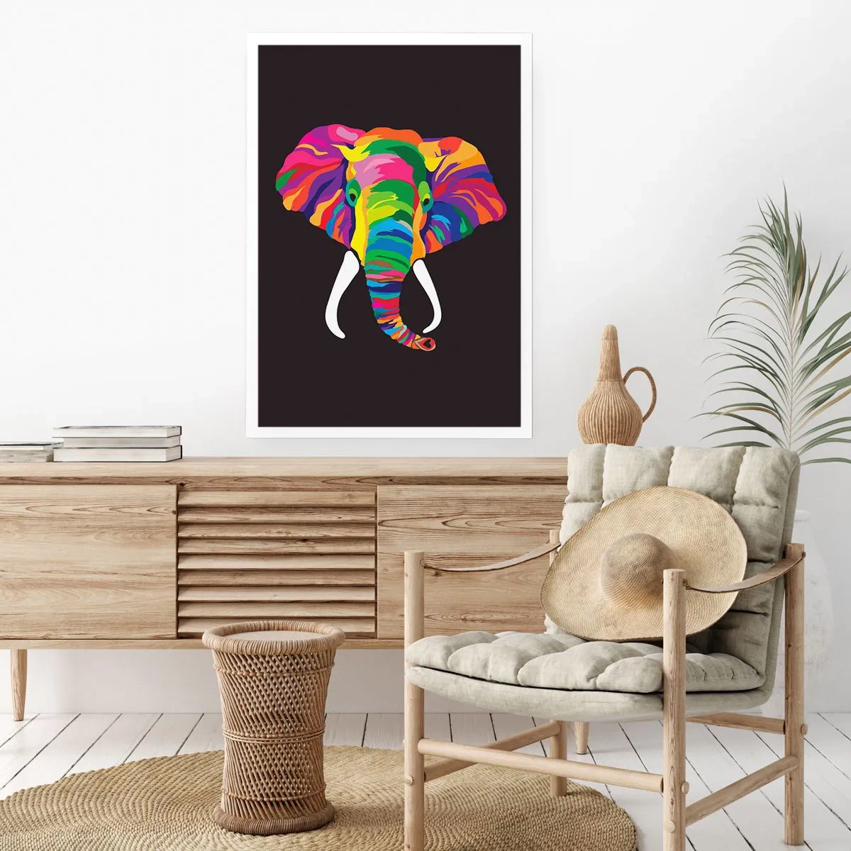 Poster - Ein buntes Bild eines Elefanten auf schwarzem Hintergrund - 50x70cm - Der Elefant, der es liebte, im Regenbogen zu baden - Moderne Wanddekoration für Wohnzimmer und Schlafzimmer ARTTOR