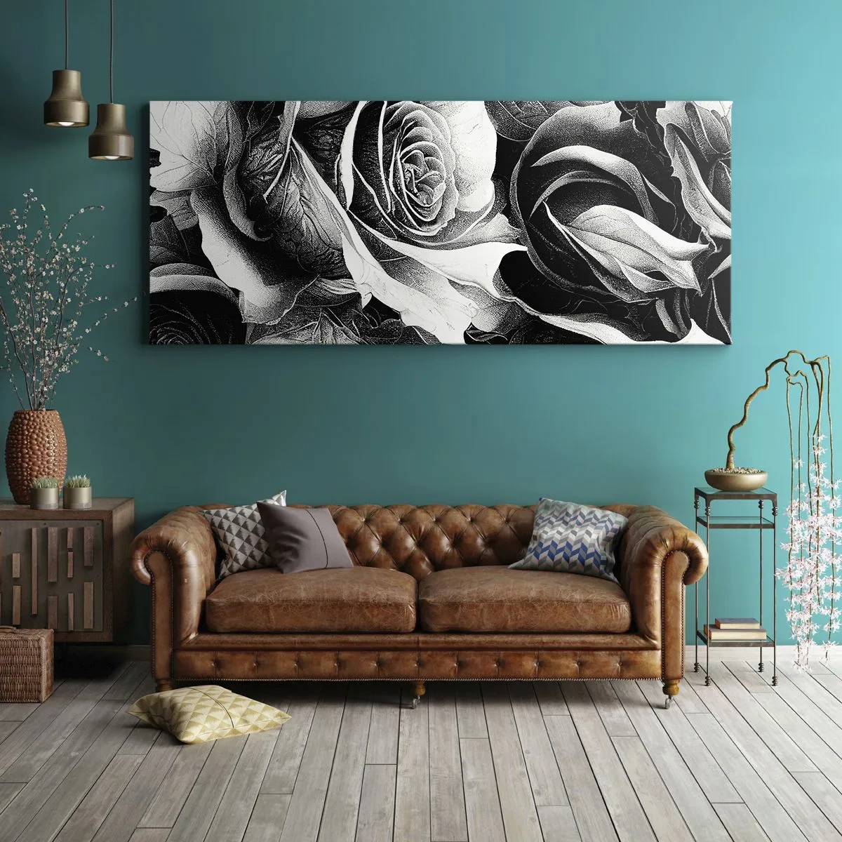 Bild auf Leinwand - Leinwandbild - Schwarze und weiße Rosen in einer eleganten Komposition - 160x50cm - Immer Königin - Moderne Wanddekoration für Wohnzimmer und Schlafzimmer ARTTOR