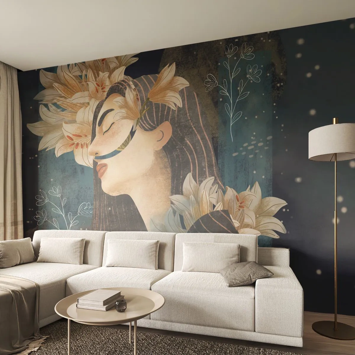 Fototapete Premium Sand - Künstlerische Darstellung einer Frau mit Blumen im Gesicht - 100x70cm - Ein Märchen über eine Prinzessin mit Lilien - Moderne Wanddekoration für Wohnzimmer und Schlafzimmer ARTTOR