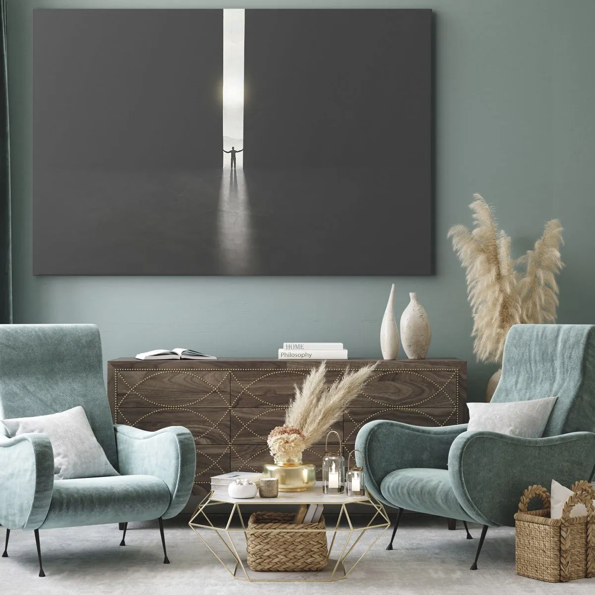 Bild auf Leinwand - Leinwandbild - Ein Mann steht im Licht eines schmalen Schlitzes in einem dunklen Raum - 100x70cm - Ein Schritt in eine strahlende Zukunft - Moderne Wanddekoration für Wohnzimmer und Schlafzimmer ARTTOR