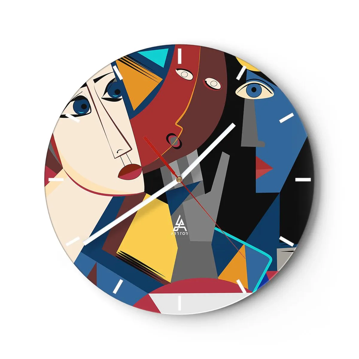 Wanduhr - Glasuhr - Kubistische Gesichter in leuchtenden Farben in einer geometrischen Komposition - 30x30cm - Gespräch zwischen Kubisten - Moderne Wanddekoration für Wohnzimmer, Küche und Schlafzimmer ARTTOR