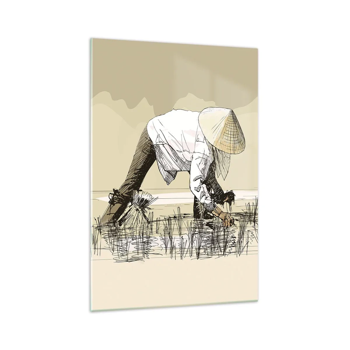 Glasbild - Bild auf glas - Bauern bei der Arbeit auf einem Reisfeld mit traditioneller Kopfbedeckung - 70x100cm - Erfolgreiche Ernte - Moderne Wanddekoration für Wohnzimmer und Schlafzimmer ARTTOR